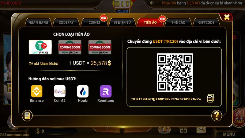 Nạp tiền ảo HIT CLUB bằng USDT