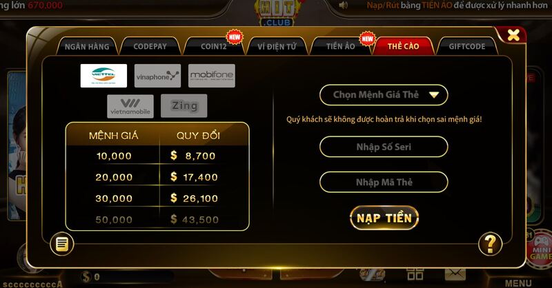 Các bước nạp tiền HIT CLUB bằng thẻ cào