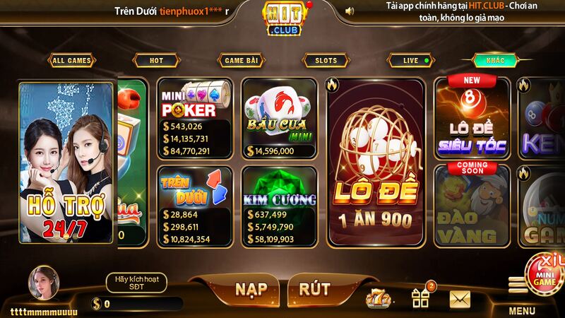 Giao diện của cổng game HIT CLUB