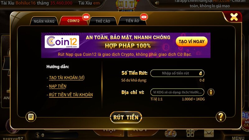 Hướng dẫn rút tiền game HIT CLUB qua Coin12